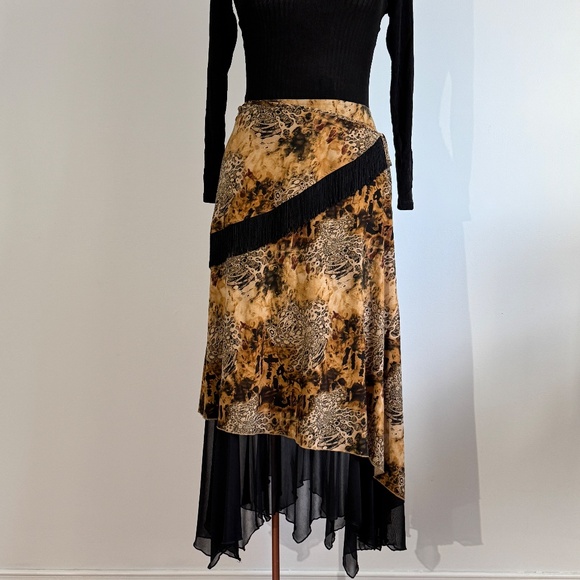 Frank Lyman - Black and Tan Asymmetrical Maxi Skirt with Animal Print and Fringe - Picture 4 of 10